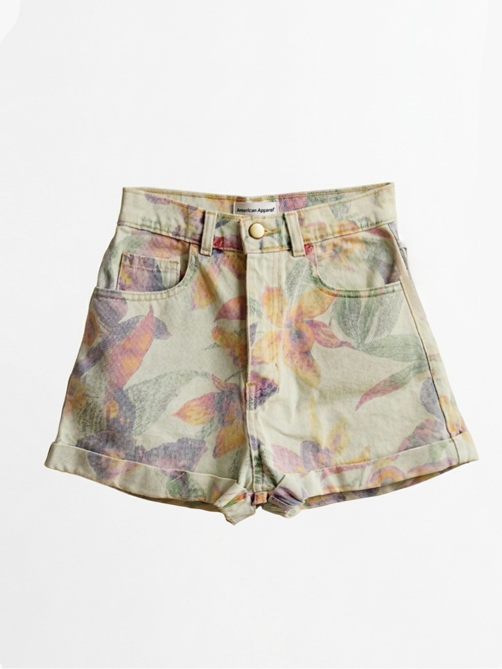 VINTAGE 100% cotton American Apparel Pastel Floral Cuffed Jean Shorts high rise